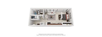 a stylized floor plan with a bedroom and living room