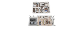 a stylized image of a 3d floor plan and a 2100 sq ft house
