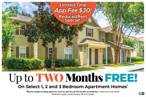 A housing advertisement offering up to two months free rent on select 1, 2 and 3 bedroom apartment homes.