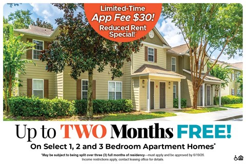 A housing advertisement offering up to two months free rent on select apartment homes.