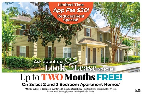 A housing advertisement offering a free look and lease special for select 2 and 3 bedroom apartment homes.