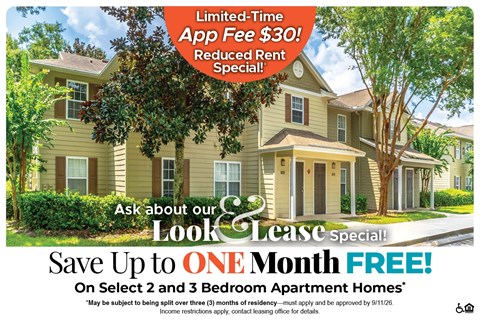 A housing advertisement offering a limited-time app fee discount and a rent special.