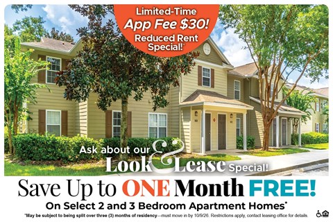 A housing advertisement offering a free month lease for select 2 and 3 bedroom apartment homes.