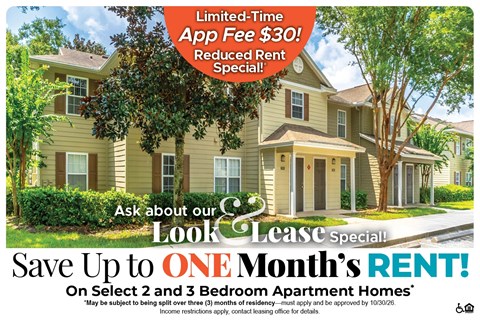 Save Up to One Month's Rent on Select 2 and 3 Bedroom Apartment Homes* Ask About our Look and Lease Special!