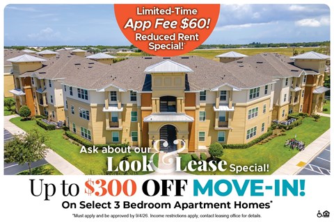 An advertisement for a limited-time app fee reduction and move-in special for apartment homes.