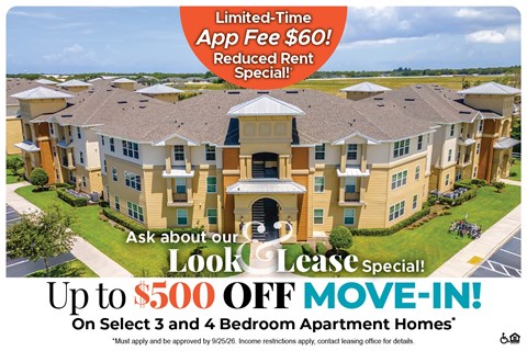 A housing complex advertisement offering a $500 off move-in deal for select apartment homes.