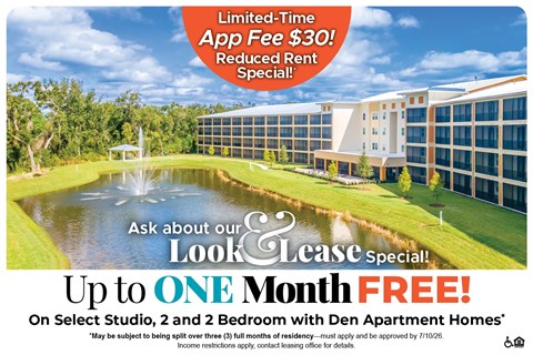 A promotional image for a lease special offering up to one month free on select studio, 2 and 2 bedroom apartments.
