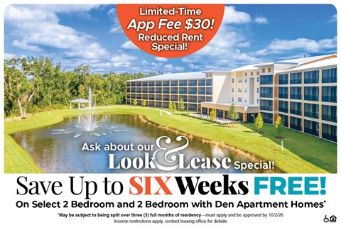 A promotional image for a limited-time app fee special offering up to six weeks free on select 2 bedroom and 2 bedroom with den apartment homes.