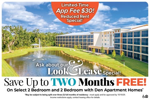Save Up to Two Months Free on Select 2 Bedroom and 2 Bedroom with Den Apartment Homes* Ask About our Look and Lease Special!