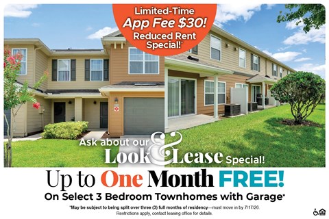 A real estate advertisement offering a free one month lease for select 3 bedroom townhomes.
