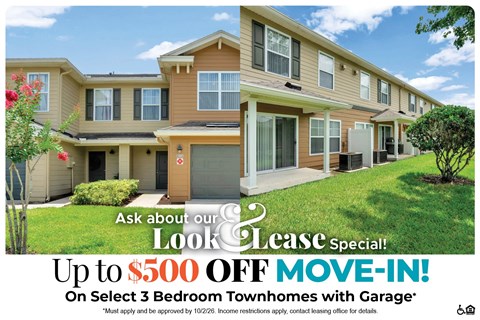 A housing advertisement offering up to $500 off move-in on select 3 bedroom townhomes with garage.