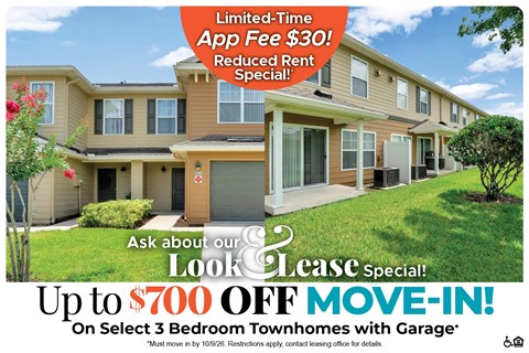 A housing advertisement offering a $30 app fee and $700 off move-in for select 3 bedroom townhomes with garage.