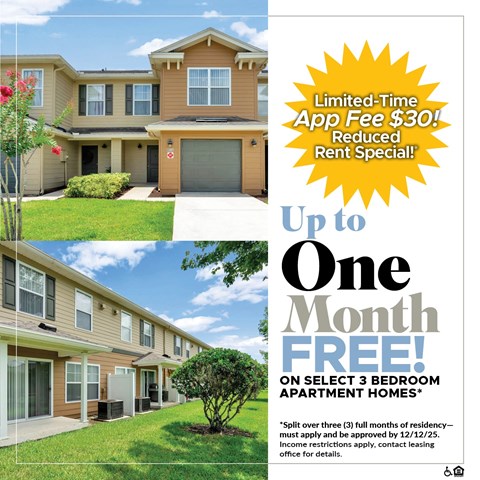 A promotional image for a limited-time app fee reduction and free rent for select townhomes.