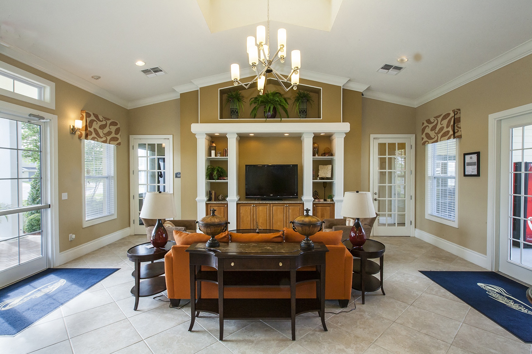 a living room with a couch and a table