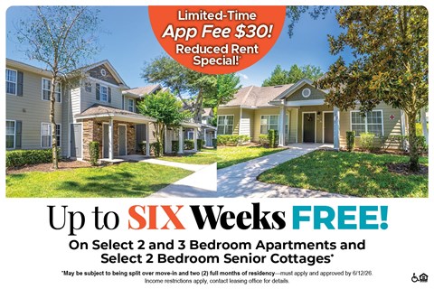 A housing advertisement offering up to six weeks free rent on select apartments and senior cottages.