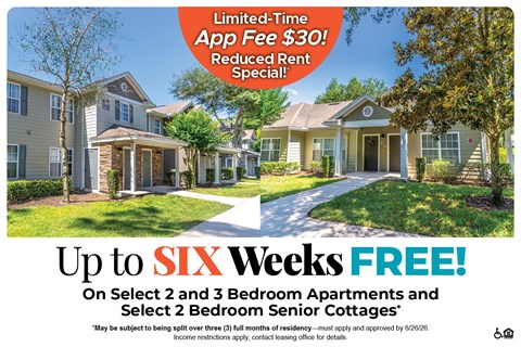 A housing advertisement offering up to six weeks free rent on select apartments and senior cottages.