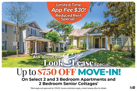 A housing advertisement offering a limited-time app fee reduction and a move-in special.