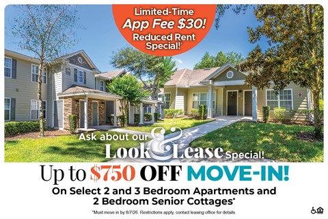 A real estate advertisement offering a limited-time app fee reduction and a move-in special for select apartment and senior cottage units.