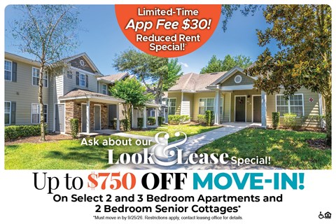 A real estate advertisement offering a limited-time app fee reduction and a move-in special for select 2 and 3 bedroom apartments and 2 bedroom senior cottages.