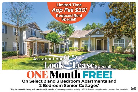 A promotional image for a limited-time app fee offer and a free month for select 2 and 3 bedroom apartments and 2 bedroom senior cottages.