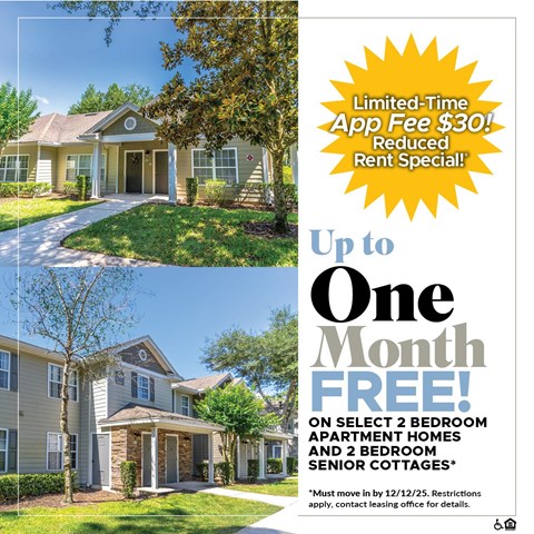 A promotional image for a limited-time app fee of $30 and a reduced rent special offering up to one month free on select 2 bedroom apartment homes and 2 bedroom senior cottages.