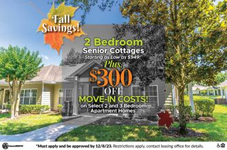 2 Bedroom Senior Cottages Starting as Low as $949, Plus, $300 OFF Move-In Costs on Select 2 and 3 Bedroom Apartment Homes