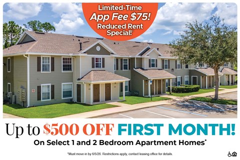 An advertisement for a limited-time app fee of $75 and a $500 discount on the first month for select 1 and 2 bedroom apartment homes.