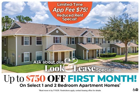 A housing advertisement offering a $750 discount on the first month's rent for select 1 and 2 bedroom apartment homes.
