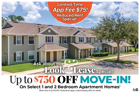A promotional image for a lease special offering up to $750 off on select 1 and 2 bedroom apartment homes.