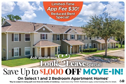 A housing advertisement offering a $30 app fee reduction and up to $1,000 off move-in for select apartment homes.