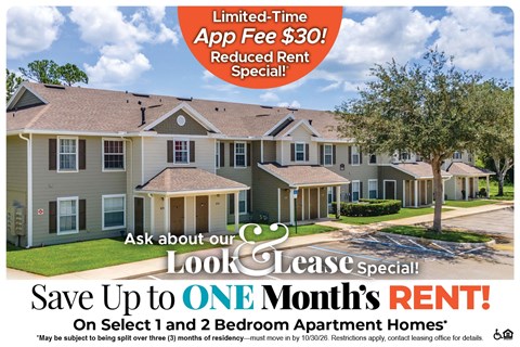 Save Up to One Month's Rent on Select 1 and 2 Bedroom Apartment Homes* Ask About our Look and Lease Special!