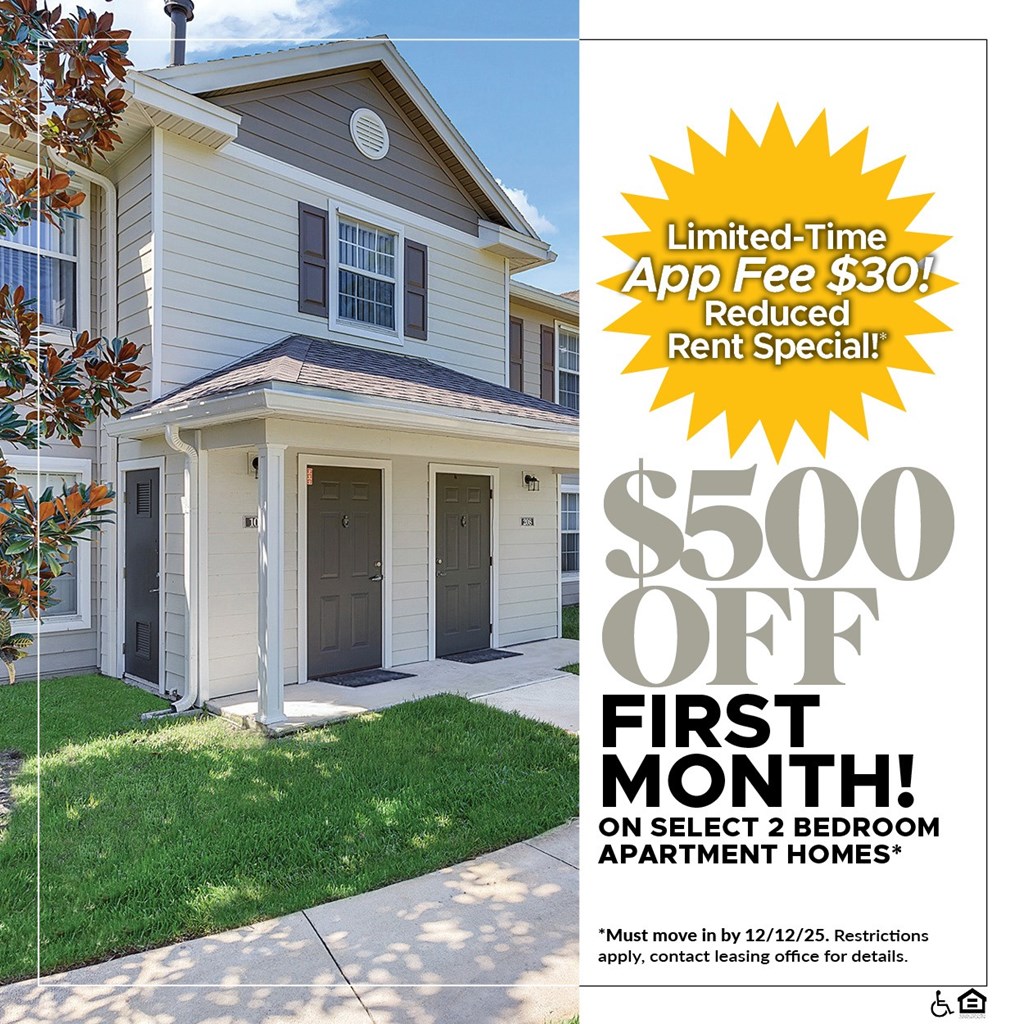 $500 OFF First Month on Select 2 Bedroom Apartment Homes!* For a Limited Time, App Fee is only $30!*