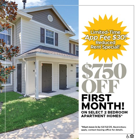 A house with a sign offering a $750 off first month on select 2 bedroom apartment homes.