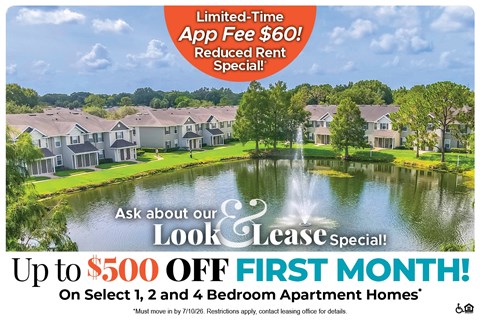 A promotional image for a leasing special offering up to $500 off the first month's rent on select 1, 2, and 4 bedroom apartment homes.