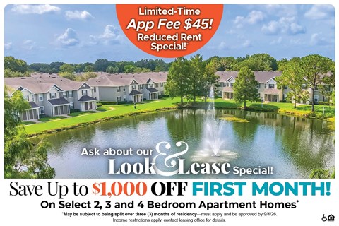 A promotional image for a limited-time app fee offer of $45 and a reduced rent special.