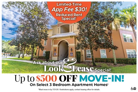 A promotional image for a leasing special offering up to $500 off on select 3 bedroom apartment homes.