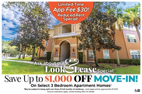 A promotional image for a lease special offering up to $1,000 off on select 3 bedroom apartment homes.