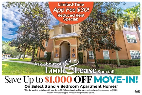 A promotional image for a lease special offering up to $1,000 off on select 3 and 4 bedroom apartment homes.