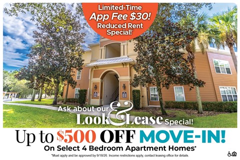 A promotional image for a lease special offering up to $500 off on select 4 bedroom apartment homes.