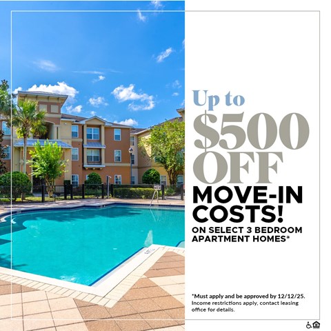 A large apartment complex is advertising up to $500 off move-in costs for select 3 bedroom apartment homes.
