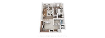 A 3D floor plan of a small apartment with a kitchen, living room, and bathroom.
