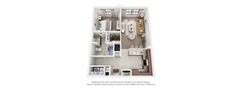 A 3D floor plan of a house with a kitchen, living room, and bathrooms.