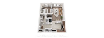 A 3D floor plan of a house with a kitchen, living room, and bathrooms.