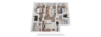 A 3D floor plan of a house with a kitchen, living room, and bedrooms.
