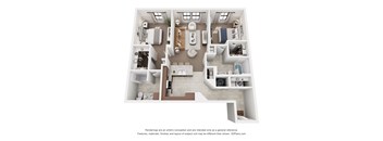 A 3D floor plan of a house with a kitchen, living room, and bathroom.