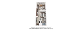 A 3D floor plan of a small apartment with a kitchen, living room, and bathroom.