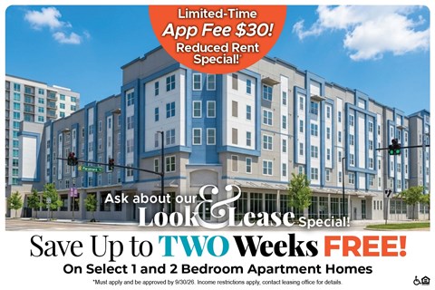 A promotional image for a lease special offering up to two weeks free on select 1 and 2 bedroom apartment homes.