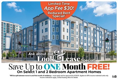 A large apartment complex advertises a limited-time app fee of $30 and a one-month free lease special.