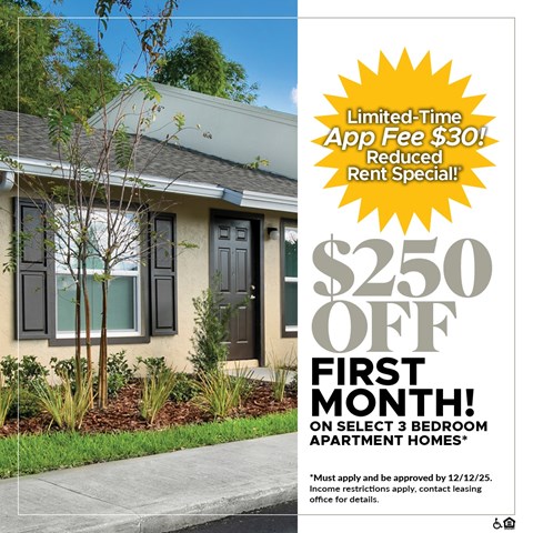 A house with a sign offering a $250 off first month on select 3 bedroom apartment homes.