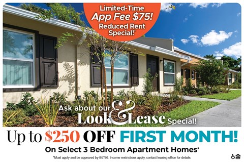 A promotional image for a lease special offering up to $250 off the first month on select 3 bedroom apartment homes.